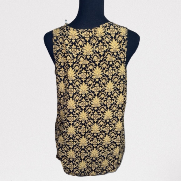 Old Khaki Gold & Black Patterned Button Front Size 12 Sleeveless Blouse - Picture 2 of 8